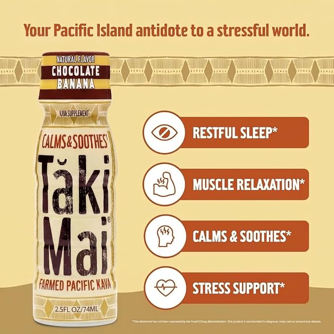 Taki Mai Chocolate Banana Kava Kava 2.5 oz (6-pack) Shots – Noble Kava Root Drink, Ready to Drink for Stress Support & Relaxation, Fast Acting Herbal Support for Calming Better Sleep and Balanced Mood