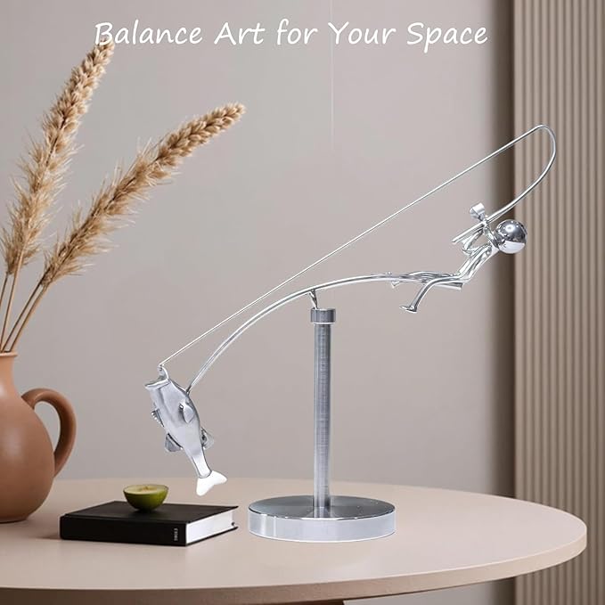 Kinetic Fishing Balance Art Sculpture, Stainless Steel Fisherman Desk Toy, Stainless Physics Balancing Fishing Physics Sculpture for Home Office Art Deco Festival Gift (1 PCS)