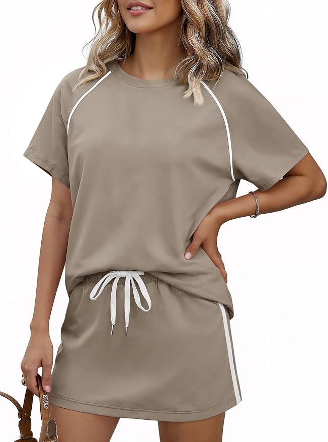 Womens 2 Piece Skirt Sets Summer Tennis Outfits Vacation Skort Set | Two Piece Sets, Short Set, Athletic Workout Golf Outfits, Crew Neck, Color Block, Drawstring, Workout Mathcing Lounge Sets