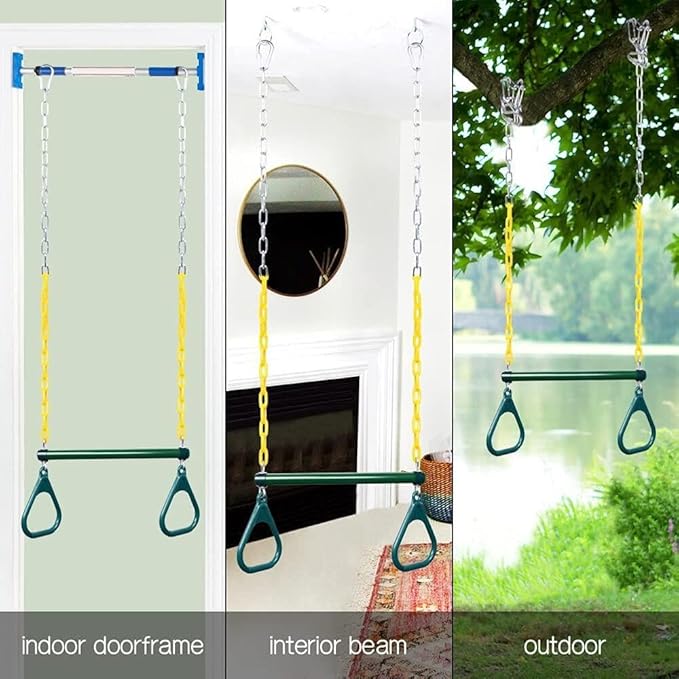 LadyRosian Gym Rings Trapeze Swing Bar 16", Heavy Duty 47" Chain Swing Set Accessories with Locking Carabiners, Monkey Bars for Backyard, Playground, Playroom