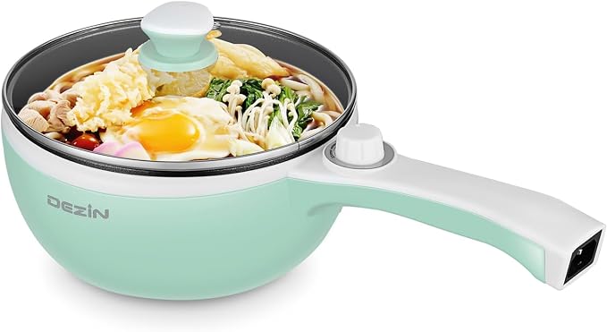 Dezin Hot Pot Electric, 1.5L Non-Stick Portable Electric Pot, Dual Power | 700W Upgraded Electric Pot for Cooking Steak, Egg, Oatmeal, Soup, Mini Ramen Cooker for Dorm, Travel, Office, RV, Green Pan