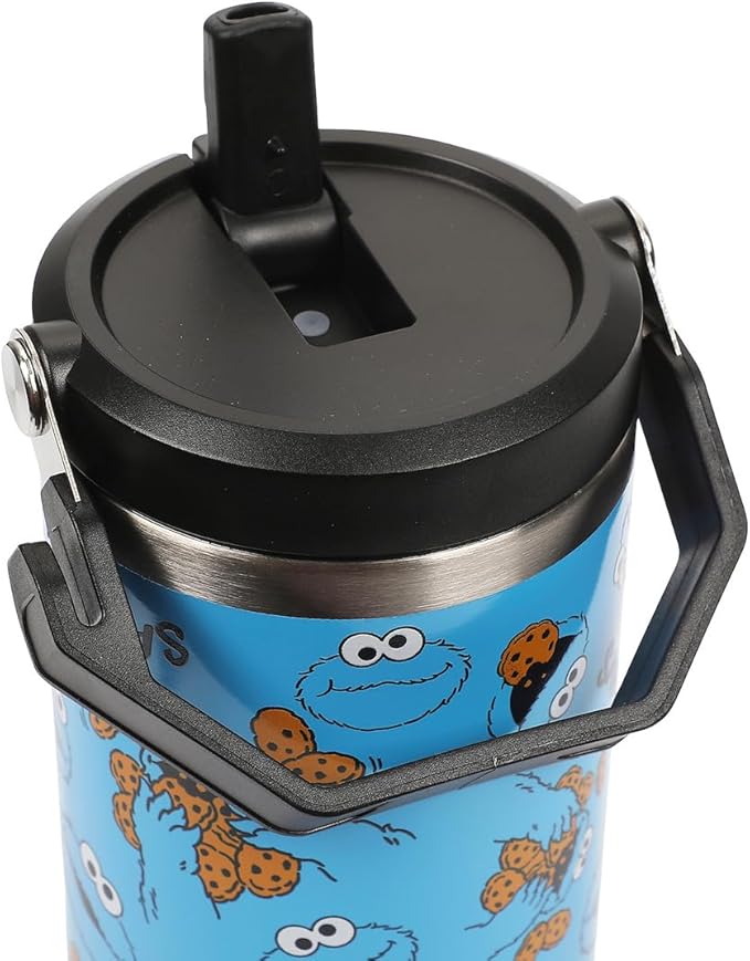 Bioworld Sesame Street Cookie Monster AOP 40 Oz. Vacuum Sealed Stainless Steel Tumbler With Carry Handle