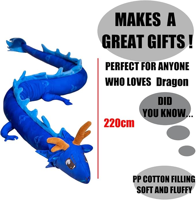 ELAINREN Blue Long Chinese Dragon Stuffed Toy Realistic Dragon Shape Plush Pillow Ultra-Soft China New Year Plushie Dragon Lion Gifts Decor/86.6''