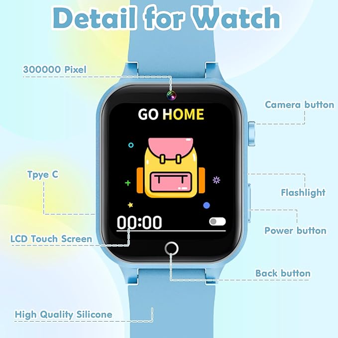 Smart Watch for Kids, with 26 Puzzle Games, Touch Screen, HD Camera, Alarm Clock, Toys for Ages 4-12 Years Old.Birthday Gift for Boys Girls (Soft Blue)