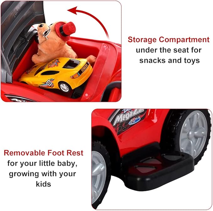 ChromeWheels 3 in 1 Ride on Toys Pushing Car with Removable Sun Visor, Mega Car for Toddlers w/Handle & Horn & Music, Color Red