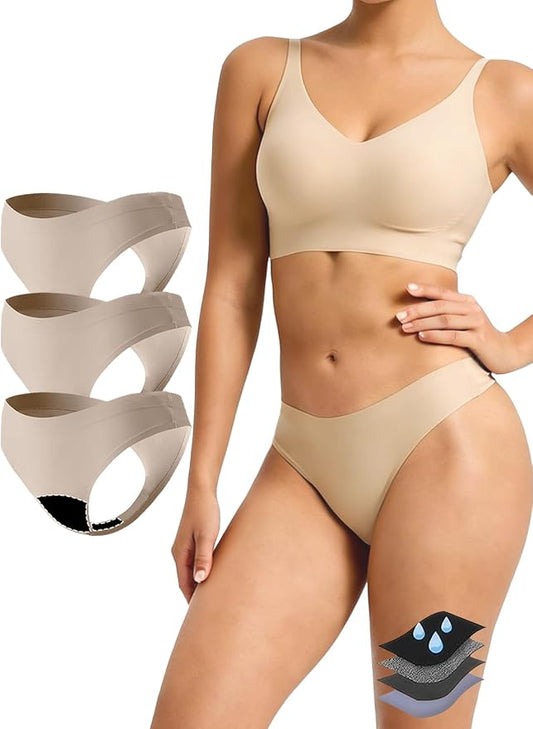 Seamless Thong Period Underwear for Women Teens Light Flow Moisture Wicking Side Leak Prevention Panties 3 Pack