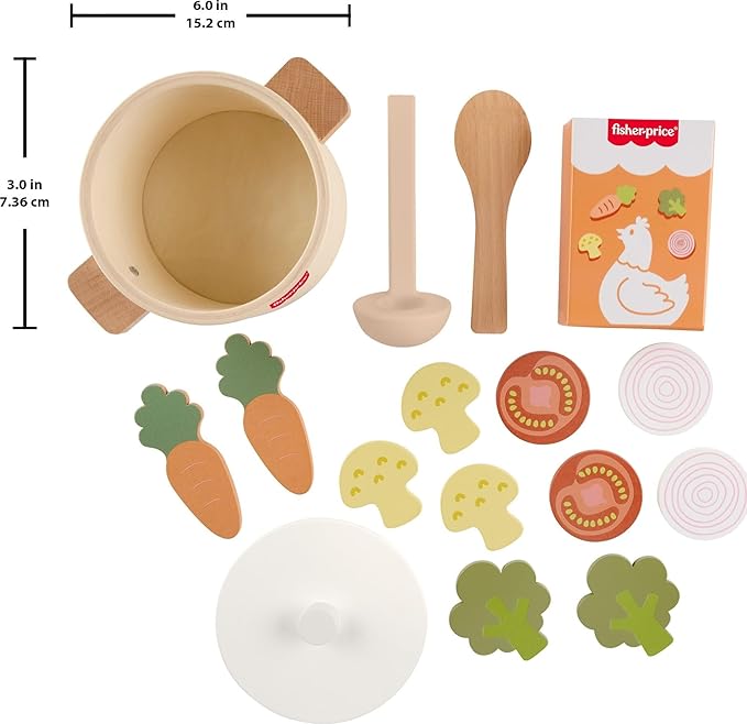Fisher-Price Wood Kitchen Toy Veggie Soup, Tiny Garden 16-Piece Wooden Pretend Cooking Playset for Preschool Kids Ages 3+ Years (Amazon Exclusive)