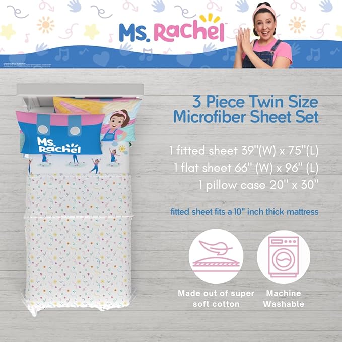 Ms. Rachel Educational Adventures Bedding Super Soft Cozy 3 Piece Microfiber Sheet Set, Twin, (Officially Licensed Product) By Franco Kids