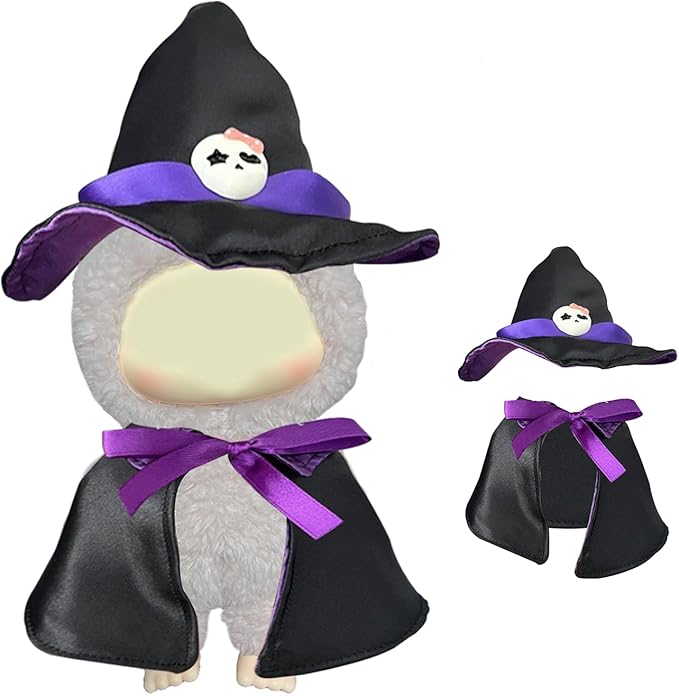 Halloween Purple Black Cape Set for labubu, Witch Hat with Skull Cape for labubu Clothes, Gothic Costume Fits, Doll clohtes for Popmart Toys