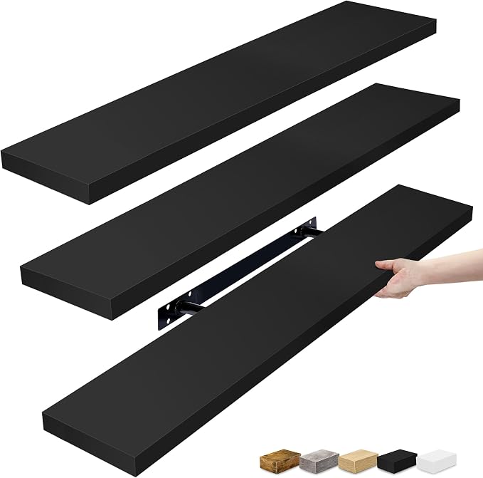 Sorbus Floating Shelves for Wall - 35 Inch Long Bathroom Shelves, Wall Decor for Bedroom, Kitchen, Living Room & Book Storage - Mounted Floating Shelf with Invisible Brackets (Black, 3 Pack)