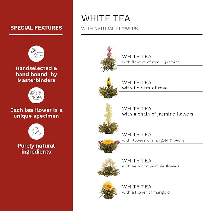 Creano Blooming Tea - Flowering Ball Gift Set in Stylish Wooden Box - 12 Pieces, White Tea