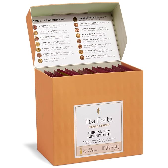 Tea Forte Single Steeps Loose Leaf Tea Sampler, Assorted Variety Tea Box, 15 Single Serve Pouches, Herbal