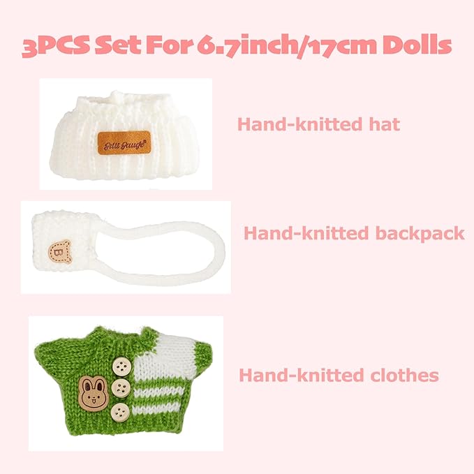 Clothes for 17cm Dolls, Clothes Set for Doll, Crochet 3 Piece Set Hat Clothes Backpack for 17cm Dolls, Stylish Adorable Dolls Clothes Accessories (No Doll) (Green)