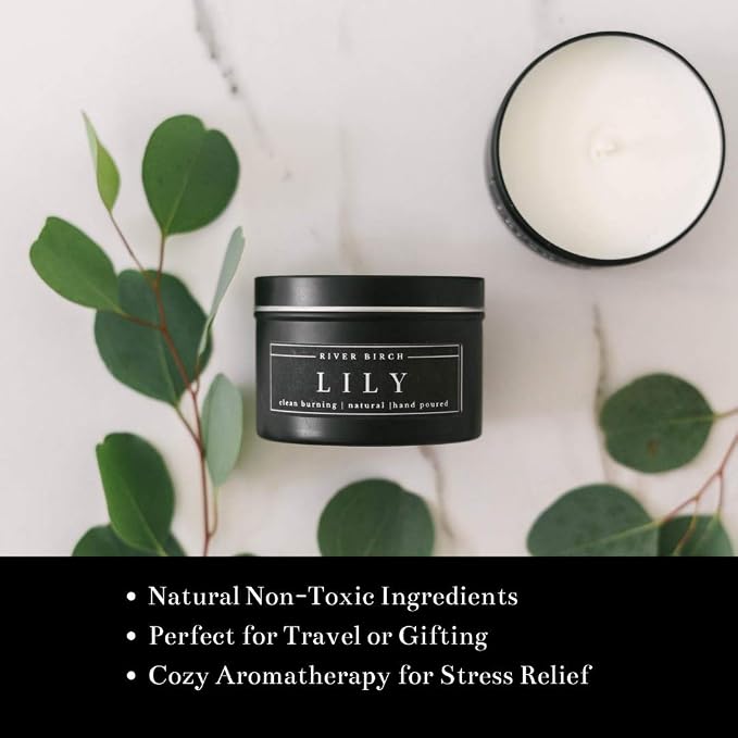 River Birch Candles Lily Scented Candle | Premium, All-Natural, Non-Toxic, Soy Candles | 8 oz. Black Matte Tin Travel Candle | Cozy Relaxing Gifts for Home