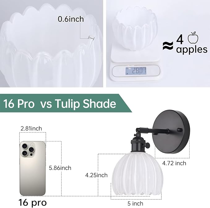 Shenmoyl Vintage Battery Operated Wall Sconce with White Tulip Glass Lampshade Rechargeable Battery Powered Black Wall Light with Remote Control for Bedside Bedroom Doorway