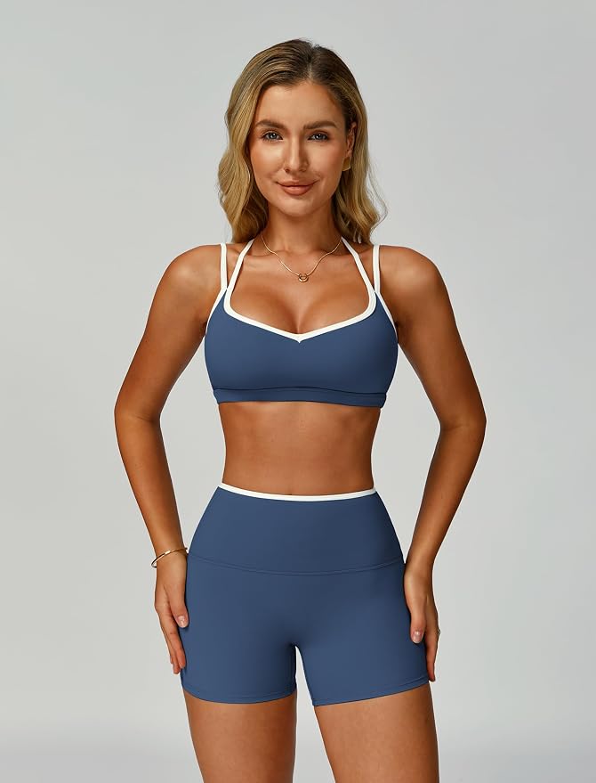 ABOCIW Workout Sets for Women 2 Piece Color Block Strappy Sports Bra High Waist Shorts Gym Yoga Pilates Outfits