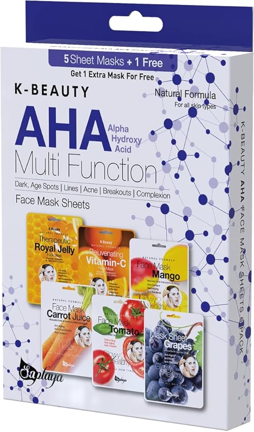 Saplaya K-Beauty Facial Skincare Natural Beauty Multi-Pack Face Sheet Masks Balanced Skin Care Made In South Korea (AHA (Royal Jelly, Vitamin-C, Mango, Carrot, Tomato, Grapes))