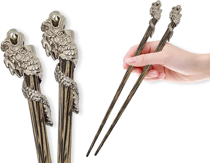 Wooden Chopsticks 9⅞" Long Coconut Palm Wood Chopstick With Metal Dragon Top Eating Utensils Oriental Cutlery Asian Tableware Decorative Dinnerware Serve Chinese Japanese Korean Food