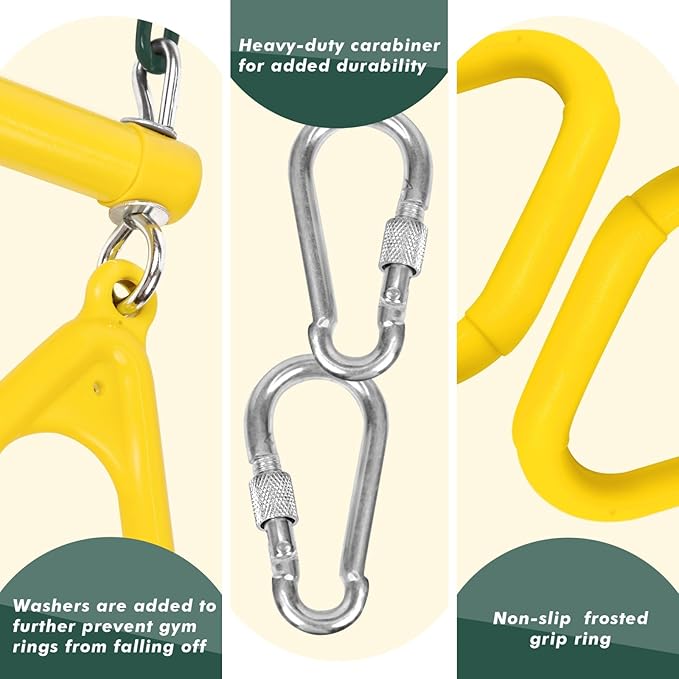 LadyRosian 17" Gym Trapeze Swing Bar Rings 47" Heavy Duty Chain Swing Set Accessories with Locking Carabiners Plastic Coated Chains Monkey Bars for Backyard, Playroom (Yellow)