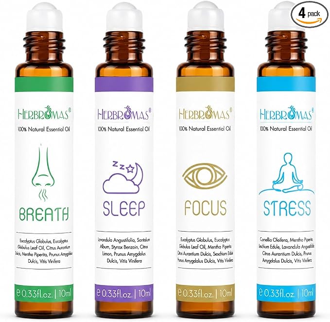 Aromatherapy Oils Roller Set, Natural Pre-diluted Essential Oils Roll On with Glass Rollerball, Relaxation Gift for Women & Men, Christmas Gift, Pack 4 x 0.33fl.oz
