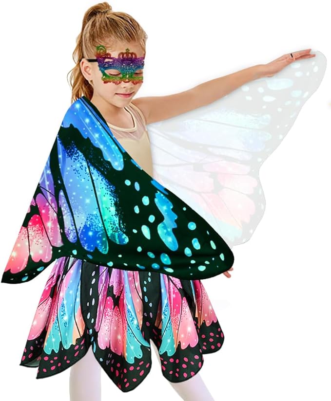 Kids Butterfly Wings Costume for Girls Fairy-Wings Toddler Dress Up Play Costumes Butterfly Skirt Set Mask Party Favors Gifts（Blue & Red）