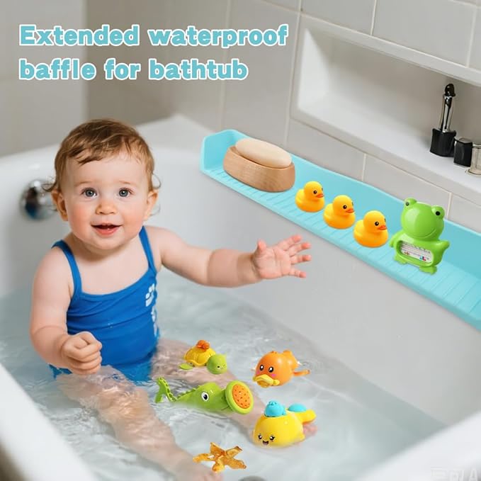 Bathtub Splash Guard for Tub,Longer Silicone Tub Water Splash Guard with 11 Suction Cups,Toy Holder Play Shelf for Bathtime, Prevents Water Spills in Bathroom,Blue