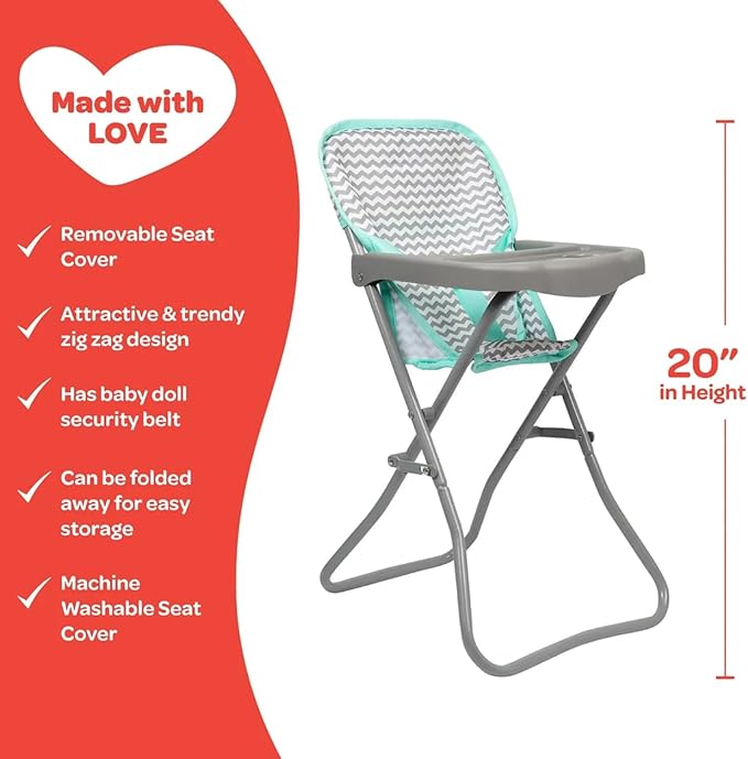 Adora Baby Doll Folding High Chair with Trendy Zig Zag Pattern and Strap for Added Security, Suits Most Plush Toys, Stuffed Animals and Dolls up to 16 inches Birthday Gift for Ages 3+