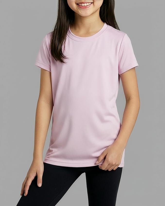 Real Essentials 5 Pack: Girls' Short Sleeve Dry-Fit Athletic T-Shirt - Active Gym Crew Neck Tops for Teens Kids (Ages 4-16)