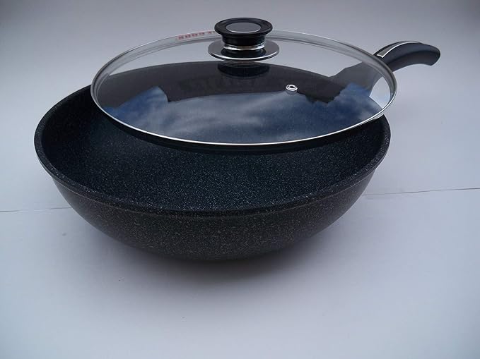 Ceramic Marble Coated Cast Aluminium Non Stick Stir Fry Wok With Glass Lid, 24 cm