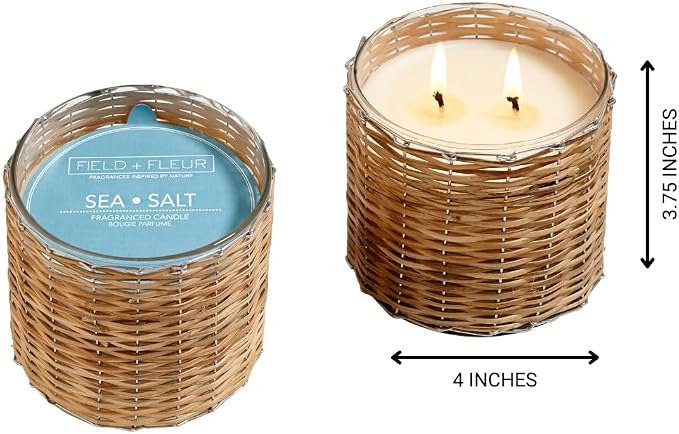 Sea Salt Scented Candle – Luxury 12oz Soy Wax, 2-Wick Handwoven Glass Jar, Blend of California Lemon, Water Lily, White Jasmine, Driftwood & Rosewater -75+ Hour Clean Burn, USA Made