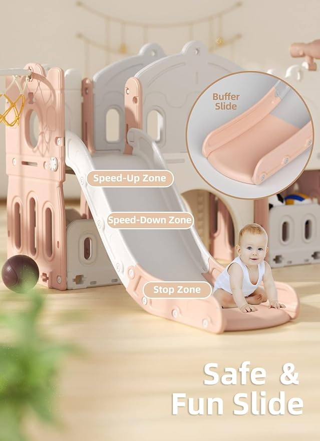 YUFU 8 in 1 Kids Slide for Toddlers Age 1-3, Kids Playset with Basketball Hoop and Ball, Indoor Outdoor Playground