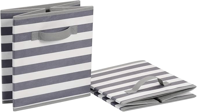 Amazon Basics Collapsible Fabric Storage Bins with Handles, Cube Organizer for Home Organization, 10.5"x10.5"x11", White/Light Grey Stripe, 6-Pack