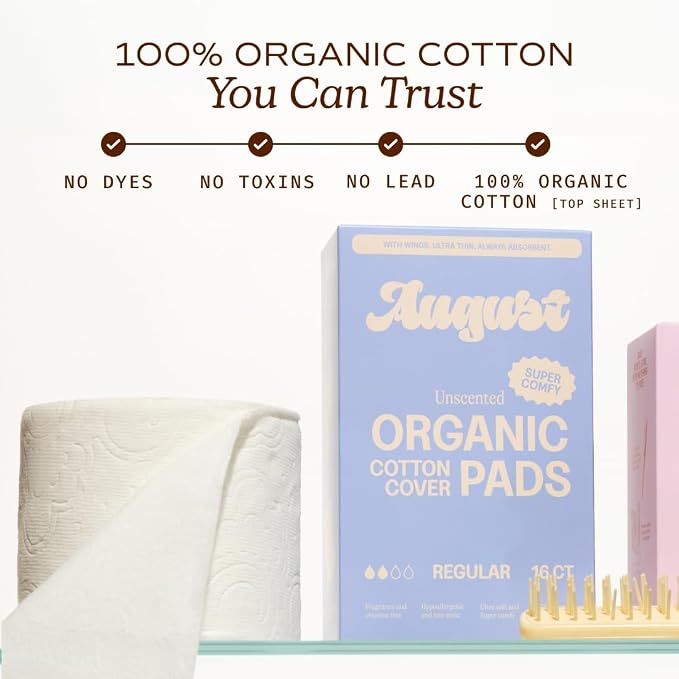 August Regular Cotton Menstrual Pads, 36-Pack Ultra Thin Pads with Wings, Hypoallergenic Sanitary Napkins with Organic Cotton Topsheet, Compostable Wrappers, Toxin Free, Fragrance Free