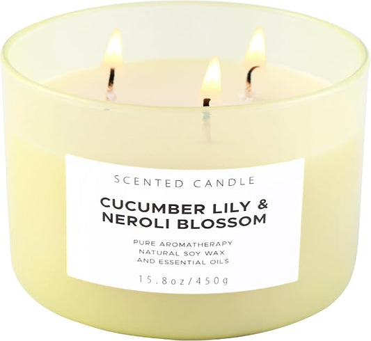 Cucumber Lily & Neroli 3-Wick Soy Floral Scented Candle for Women, 15.8oz | Orange Blossom & Citrus Notes, Aromatherapy, Large Jar, Clean Burn, Home, Bath & Bedroom, Gift for Her, Housewarming