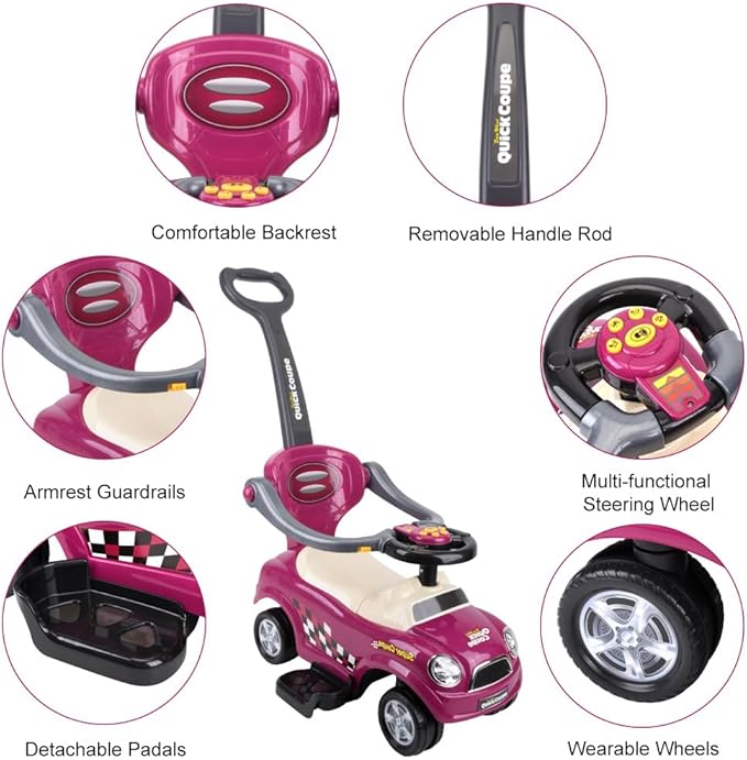 ChromeWheels 3 in 1 Ride on Push Car for Toddlers with Removable Handle/Guardrails/Pedal, Horn, Music, Under Seat Storage (Purple)