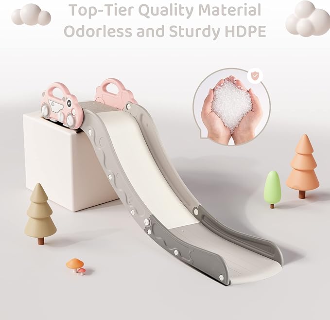 Indoor Kids Baby Couch Slide for Toddler 1-3, Sofa Slide Add-on Attachment for Bed Nugget Playgrounds, with Secure Base Guardrail, Gentle Slope Extended Buffer Zone, Fun Car Design, Pink