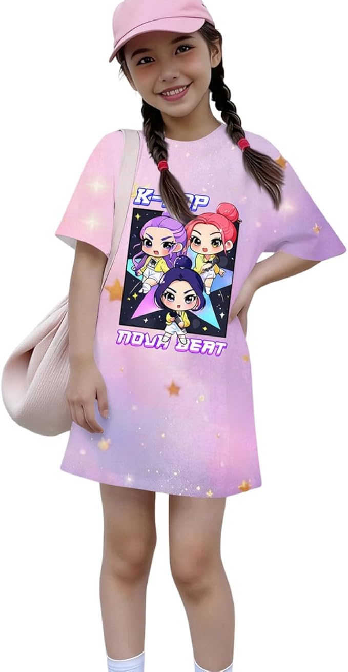 Girl's Anime K-POP Graphic Long Dress T-Shirt - Casual Loose Fit Short Sleeve Top