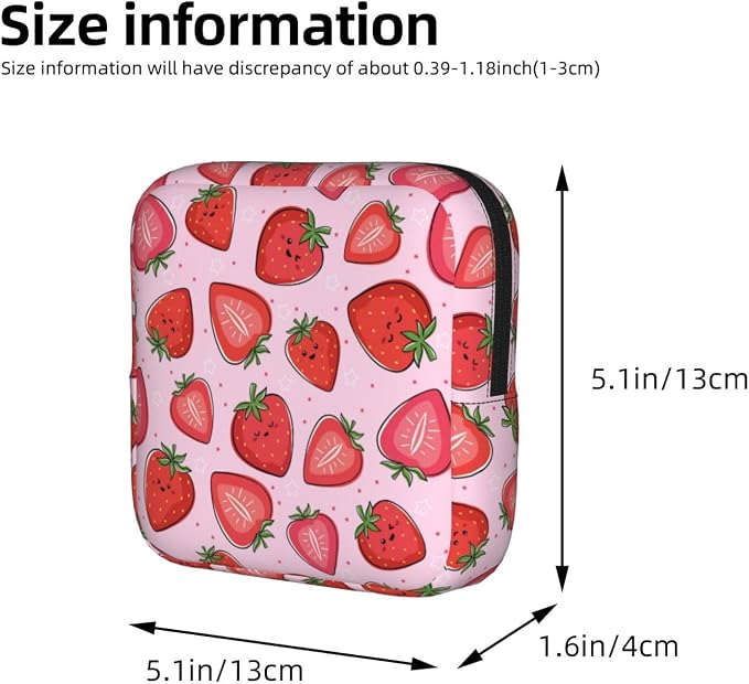 Kawaii Cute Pink Strawberry Strawberries Period Bag For Women,Portable Sanitary Napkin Period Pad Pouch For Purse, Small Make Up Bags