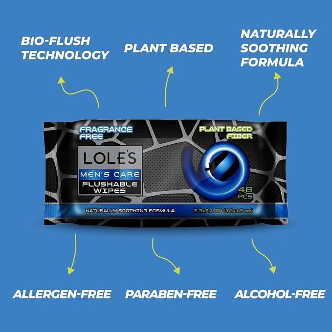LOLE’S Men’s Flushable Wipes – Toilet Wipes for Adults Flushable, 48 Wipes Fragrance-Free, Gentle on Skin, Plant-Based Butt Wipes, Septic Safe, Dude & Travel-Friendly, Designed for Men