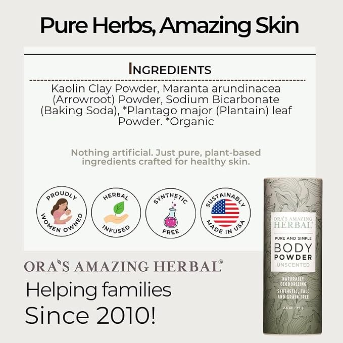 Ora's Amazing Herbal Fragrance Free Body Powder for Women and Men, Unscented Talc Free Talcum Powder, Cornstarch Free Dusting, Waxing, Natural Sugaring, Foot Powder, Dry Shampoo, Made in USA, 2.5 oz