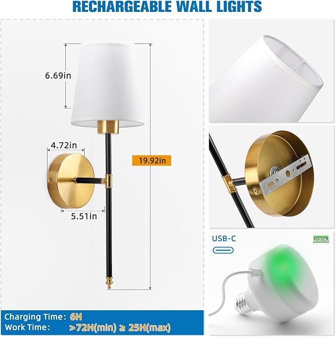 19.9 inch Battery Operated Wall Sconce Set of 2,Black-Gold Rechargeable Wall Lights with 10400mAh Dimmable Detachable Bulbs and Remote, Wireless Sconces for Bedroom Living Room Hallway