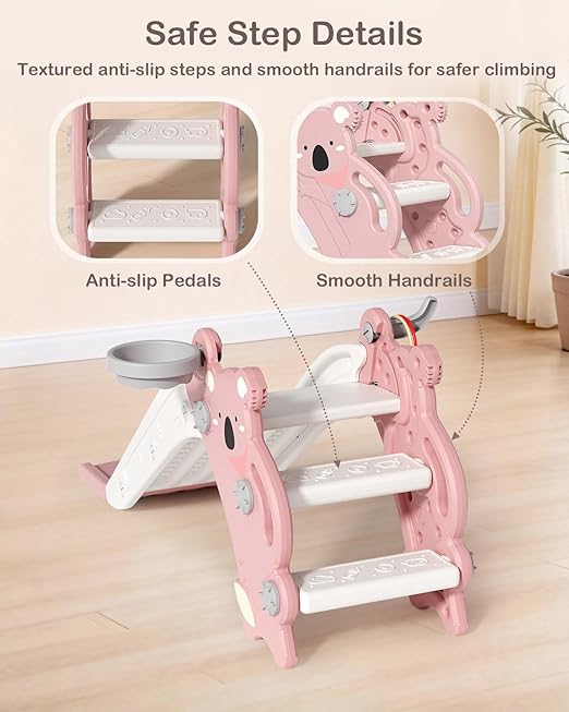 Babytronic Toddler Slide Indoor & Outdoor Playground, 4-in-1 Baby Slide with Climber, Basketball Hoop & Ring Toss, Foldable Freestanding Kids Slide, Climber Playset for Toddlers Ages 1-3, Pink