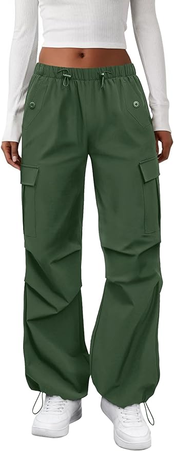 COPYLEAF Cargo Pants Women Elastic Waisted Parachute Hiking Pants with Pockets Water-Resistant Lightweight Baggy Pants