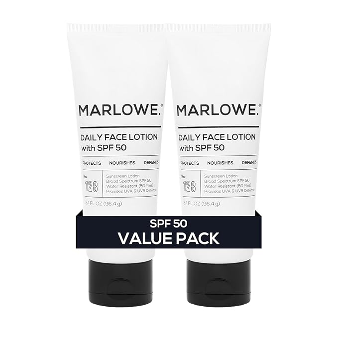 MARLOWE. No. 128 Men's Facial Lotion with Sunscreen SPF 50, 3.4 oz (2 Pack), Oil-Free, Lightweight Daily Face Moisturizer for Men, Includes Natural Extracts to Hydrate, Nourish & Soothe