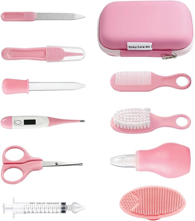 PandaEar Baby Healthcare and Grooming Kit, 12-in-1 Pink, Baby Comb, Brush, Finger Toothbrush, Nail Clippers, Scissors, Nasal Aspirator, Plastic, Pink