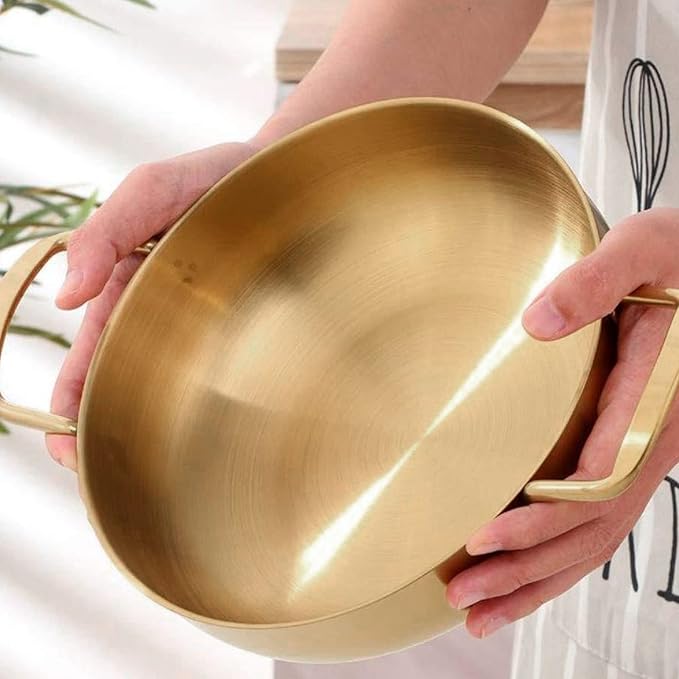 Gold Korean Ramen Pot Korean Ramen Noodle Pot With Handles, Stainless Steel Everyday Pan, Golden Korean Cooking Pot For Soup, Noodle, Pasta, Home And Outdoor (Inner diameter 26cm)