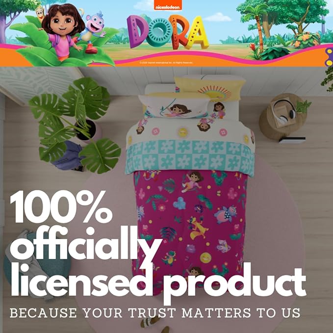 Dora The Explorer Kids Bedding Set Super Soft & Cozy Reversible Microfiber Comforter and Sheet Set with Sham, 5 Piece Twin Size, (Officially Licensed Product) by Franco