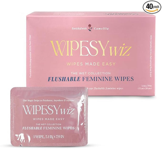 40 Count Flushable Feminine Wipes, Individually Wrapped Intimate Cleansing Wipes for Women | Travel Size For Period and Everyday Hygiene, pH-Balanced, Lightly Scented with Camellia, Chamomile & Aloe