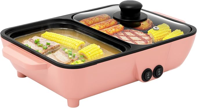 Electric Hot Pot with Grill 2 in 1 Korean BBQ Grill Indoor Cooking Electric Shabu Shabu Pot Indoor Smokeless Grill, Non-stick & Independent Dual Temperature Control (Pink+Black)