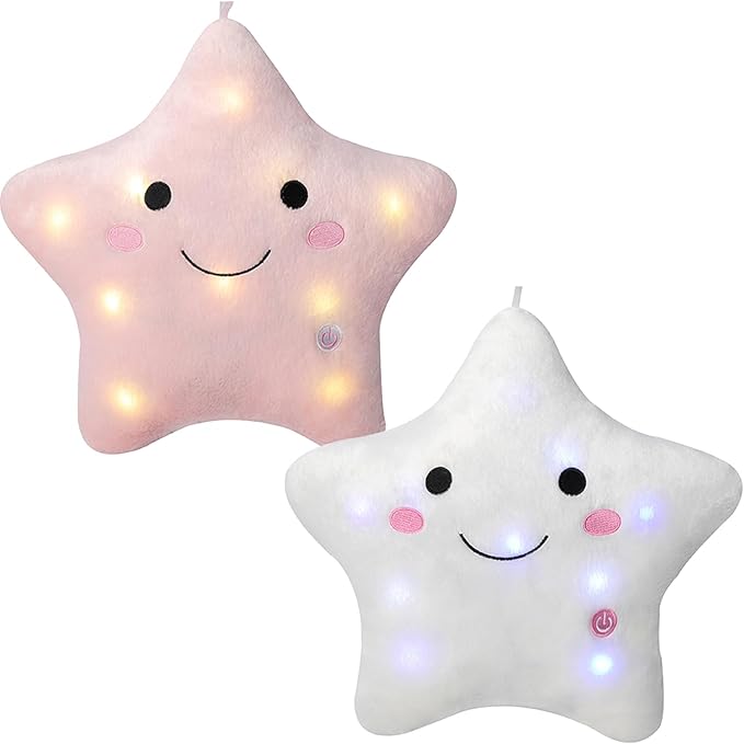DearSun Set of 2pcs, 13'' Creative Twinkle Star Colorful Night Light Plush Pillows Light up Night Stuffed Toys Perfect for Birthday Christmas Holiday Valentines(Pink+White)